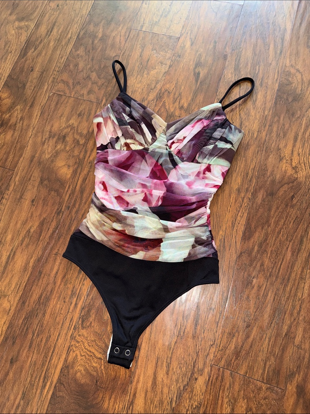 Express Floral Ruffle Mesh Bodysuit in Black and Pink